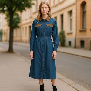 TALBOTS Women’s Petite Size 2 Blue Suede Trimmed Collar Vintage Midi Denim Dress